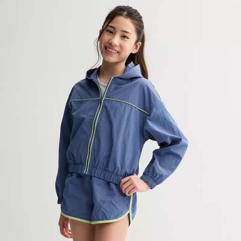 Eyeshadow Girl Blue Neon Lime Full Zip Hooded Windbreaker Jacket Kids Large 14